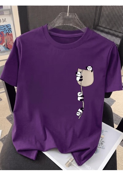 Sevimli Panda Grafikli İpli Cep Detaylı Kısa Kollu Oversize Unisex Bisiklet Yaka Tişört Mor