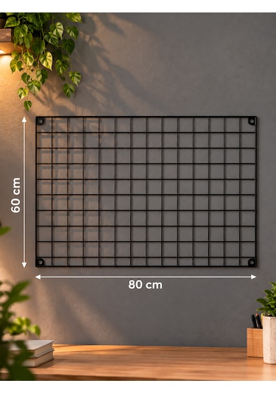 Mooly 60x80 Cm Siyah Metal Tel Pano, Fotoğraf Askısı, 4 Adet Montaj Hediyeli