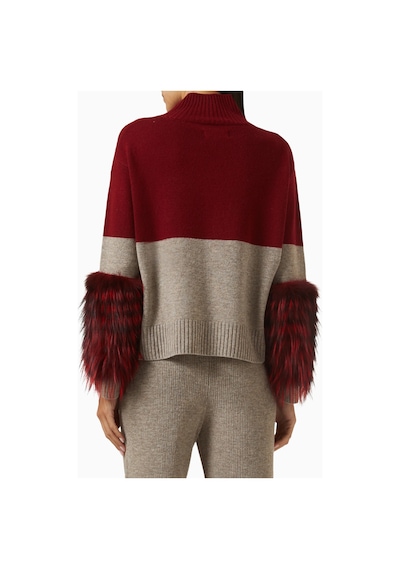 Izaak Azanei Half - Half Cuff Sweater, Lüks Triko Faux Kürk Detaylı Kazak Kırmızı
