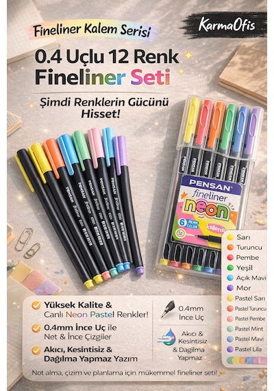 0.4 Uçlu 12 Renk Fineliner Kalem Seti Neon & Pastel Pensan İnce Uç Çizim Kalemi Seti