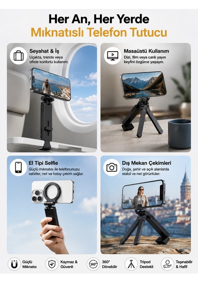 Katlanabilir Manyetik Tripod Telefon Tutucu 7.5 İnç Uyumlu Masaüstü Seyahat Tipi Ayarlanabilir Stand