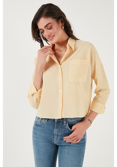 Lela Regular Fit Çizgili Göğüs Cepli Dokulu Bayan Gömlek 6772870 Sarı