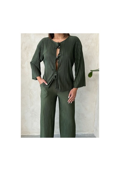 Verymoda Önden Bağlamalı Plise Gömlek - F1739 Haki