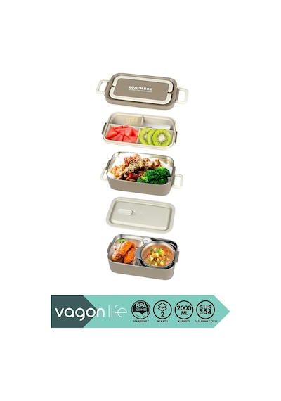Vagonlife Bento 2000ml Lunchbox 2 Katlı 3 Bölmeli Mini Kaseli Çelik Sefer Tası Yemek Kutusu Kahverengi Çok Renkli