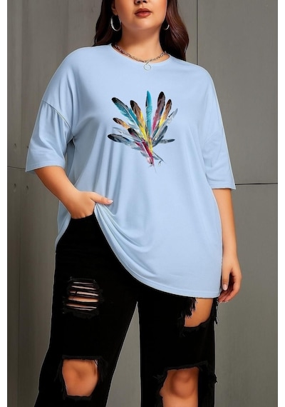 Büyük Beden Renkli Kuş Tüyü Baskılı Unisex Tişört Bebek Mavisi