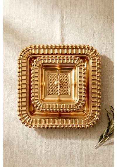 2 Katlı Standlı Premium Gold Sunumluk Servis Tepsisi-lüx Servis Tepsisi Altın