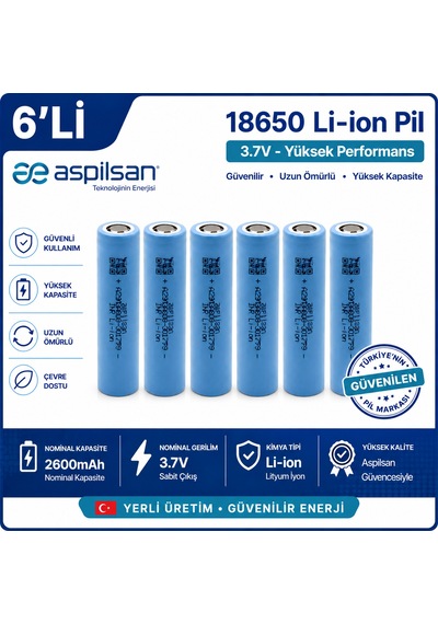 Aspilsan 18650 2600mah 3.7v Li-ion Şarjlı Pil 6'lı Paket Inr18650a28  18650 Batarya Yerli Üretim Lityum İyon Pil