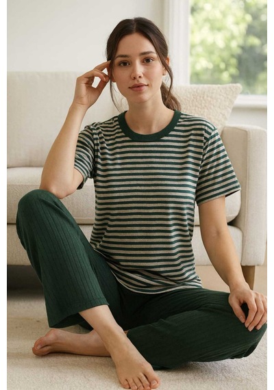 Tenra Kadın Pijama Takımı Kısa Kollu %100 Pamuk Yeşil Çizgili Yeşil