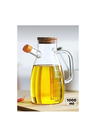 Bambu Vakumlu Kapaklı 1000 Ml Cam Yağdanlık Şeffaf Şeffaf