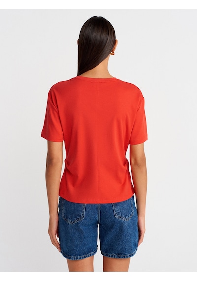 Dilvin 31874 Yırtmaç Detaylı T-shirt-kırmızı Kırmızı