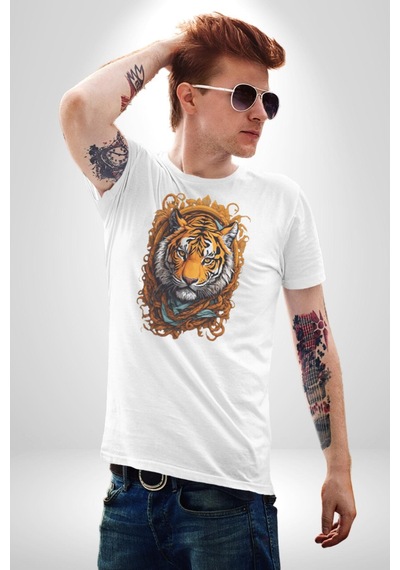 Kaplan Süs Unisex Unisex Beyaz Organik Baskılı T-shirt Penye Yüksek Kalite Beyaz