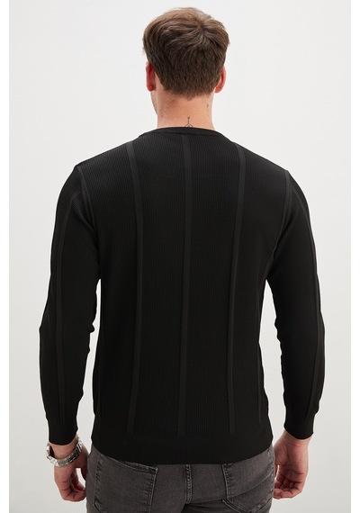 Fullamoda Fitilli Bisiklet Yaka Regular Fit Triko Kazak Siyah