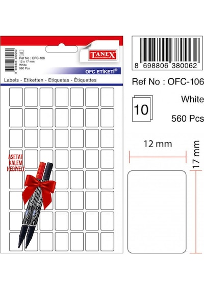 Tanex Ofc-106 12x17 Mm Beyaz Ofis Etiketi 10 Sayfa 2'li Asetat Ka