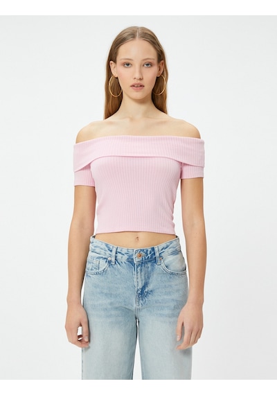 Koton Madonna Yaka Tişört Crop Ribanalı Kısa Kollu Slim Fit Pembe 4sal10803ık Gül Rengi