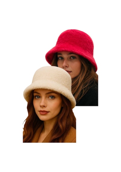 Uniquetrenders Kadın Soft Peluş Ayarlanabilir İpli Bucket Kova Şapka 2 Li Set Kırmızı - Ekru