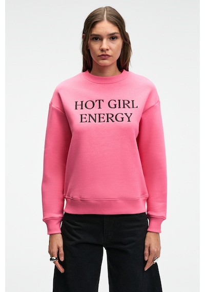 Grımelange ISOLUNE Kadın Yaka Nakış Detaylı Oversize Bisiklet Yaka Pembe Sweatshirt