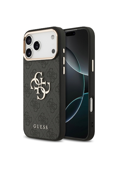 Apple iPhone Uyumlu 18 Pro Max Kılıf Guess Lisanslı Gold Çerçeveli Metal Büyük 4g Ve Yazı Logolu Kapak Siyah