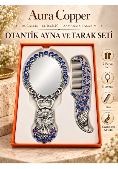 Aura Copper Tavus Kuşu Motifli Mineli El Aynası Ve Tarak Seti 2 Parça Ac-at-002-gümüş Mavi