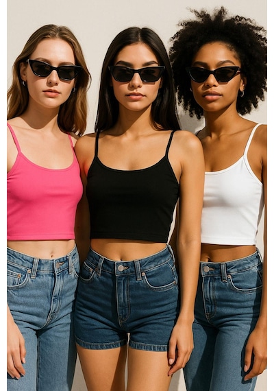 Rich Kadın 3'lü Paket Siyah Beyaz Pembe Kısa Crop İp Askılı Kayık Yaka Krop Bluz Büstiyer Çok Renkli