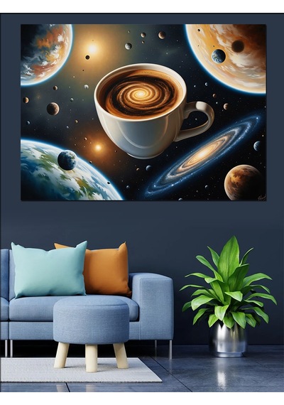 Uzayda Kahve Keyfi Astronomi Tablo Dekoratif Kanvas - Mdf Ahşap Tablo