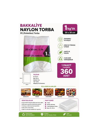 Bakkaliye Naylon Pe Torba 1'kg Lık 20x30 Cm 1 Paket Takriben 360 Adet