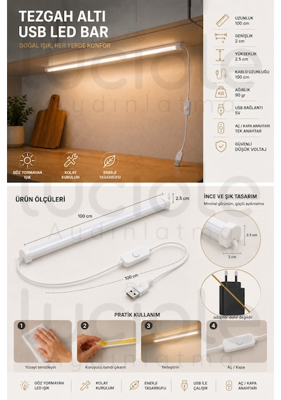 Mutfak Dolap Altı Günışığı Led Çubuk 100 Cm Usb 5v Anahtarlı Yapışkanlı Tezgah Raf Işığı
