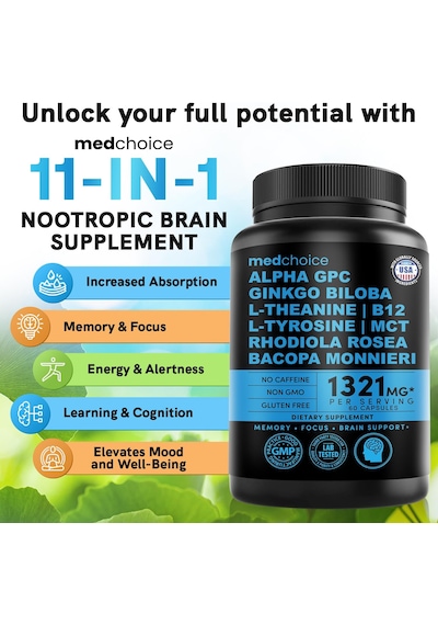 Medchoice Nootropic Brain Memory & Focus Supplement With Ginkgo Biloba, L Theanine 1321 Mg Per Serving 60 Kapsül Orijinal Usa Menşeii Dmmedicineden