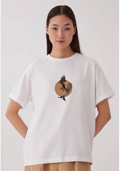 Noıssey Balık Burcu Tasarımlı Baskılı - Unisex Oversize Beyaz T-shirt Çok Renkli
