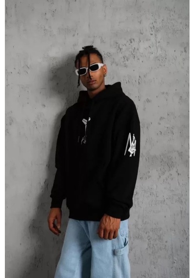 Veraura Lifestyle Unisex Sırt Baskılı Kapüşonlu Üç İplik Oversize Sweatshirt - Siyah