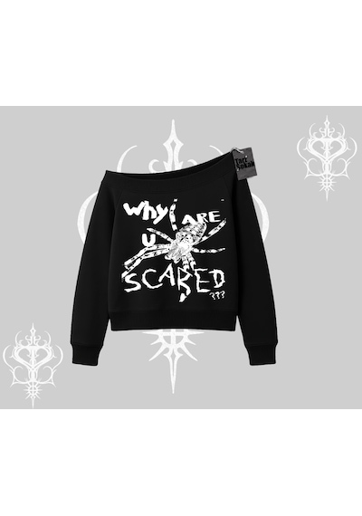 Beyaz Kayık Yaka Sweatshirt Why Are U Scared Siyah