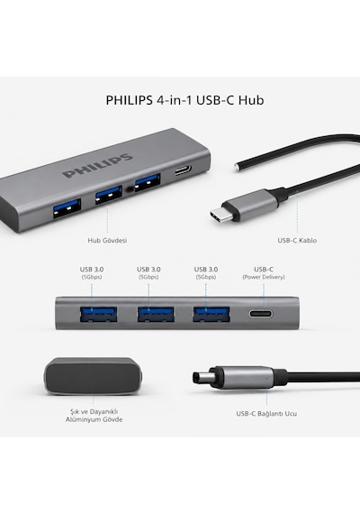 Lexroo 4-in-1 Usb-c Hub 3x Usb 3.0 5gbps, 1x Usb-c 5gbps, Hızlı Veri Transferi