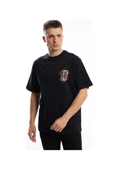 Erkek Oversize Fit Ön Arka Baskılı Basic Tişört Siyah