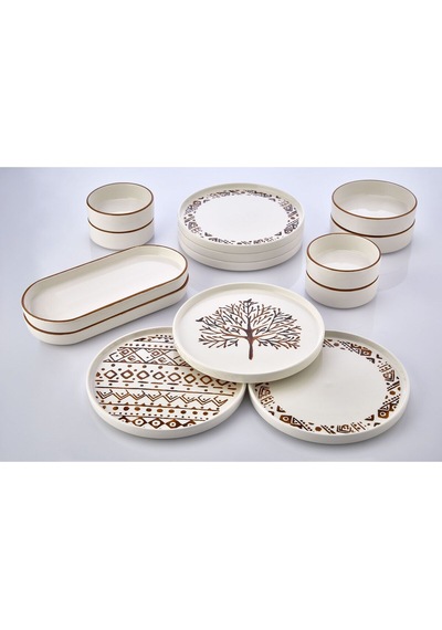 Kitchen Life 14 Parça 6 Kişilik Hayat Ağacı Stackable Kahvaltı Takımı -  Kahvaltılık Sunum Tabağı Beyaz - Altın