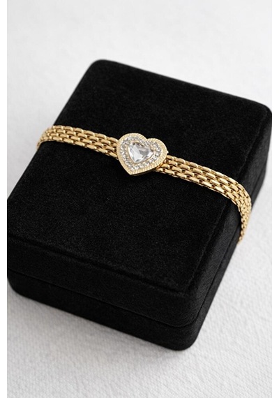 Çelik Kalp Zirkon Taşlı Gold Bileklik Gümüş + Altın