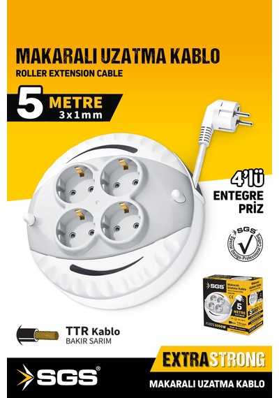 Sgs2190 Makaralı Uzatma Kablo 4 Lü 5 Metre 3x1mm 3000 Watt Diğer