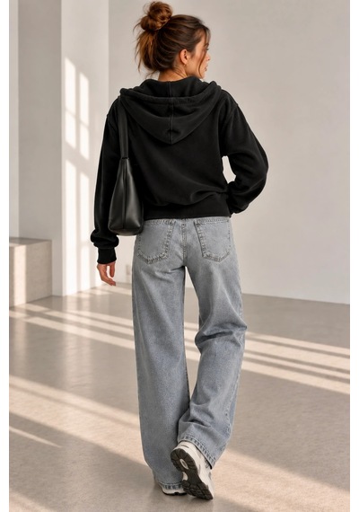 Bb Butik Basic Selanik Dokulu Fermuarlı Kapüşonlu Kadın Sweatshirt My3535 siyah
