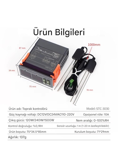 Yate10 Stc-3030 220v 10a Çift Problu Toprak Nem Kontrol Cihazı 0-100 Rh