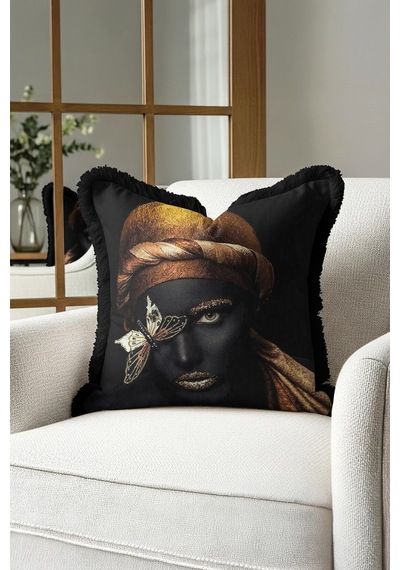 Gold Art Portre Saçaklı Yastık Kılıfı - Lüks Afro Bohem Siyah Altın Renkli Püsküllü Kırlent Kılıfı Açık Yağmur Altın Gold Art Portre Saçaklı Yastık Kılıfı - Lüks Afro Bohem Siyah Altın Renkli Püsküllü Kırlent Kılıfı Açık Yağmur Altın