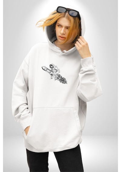 Roket Astronot Kadın Erkek Beyaz Kapüşonlu Sweatshirt Hoodie Beyaz