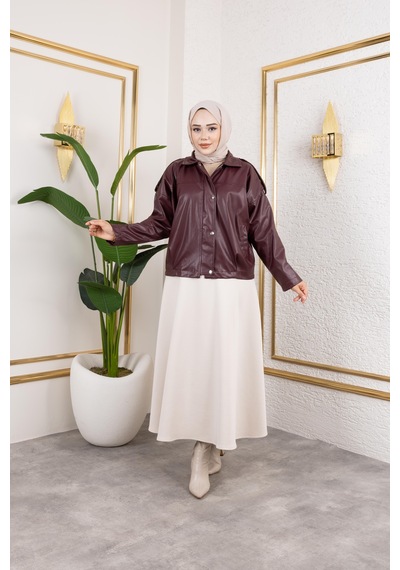 Hb Harma Time Butik Kadın Bordo Deri Astarlı Fermuarlı Ceket