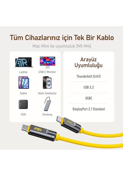 Aohi The Future Adonis Type-c To Type-c Led Ekranlı 1m Pd 3.1 120gbps 240w 8k Süper Hızlı Şarj/data