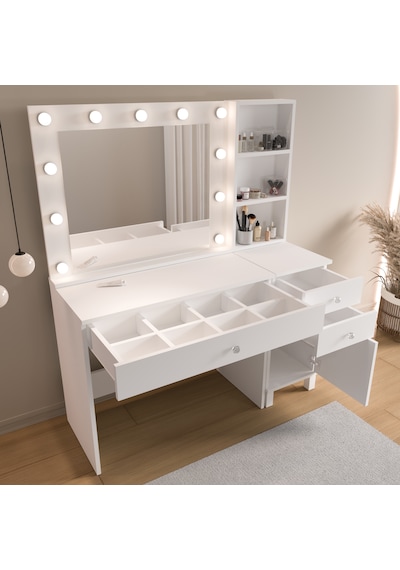 Robin Home Hollywood Makyaj Masası 3 Çekmece Kapaklı Düzenleyici Hollywood Led Işıklı Raflı Beyaz