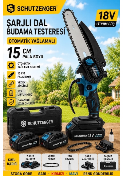 Schutzenger RN678 Şarjlı Zincirli Dal Budama Testeresi Otomatik Yağlamalı 15CM Pala Yedek Zincirli Mavi C7 Kalite