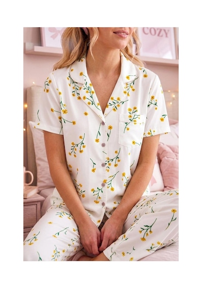 Fit Women Çiçek Baskılı Bürümçük Kumaş Kısa Kollu Pijama Takımı 6067 Çok Renkli