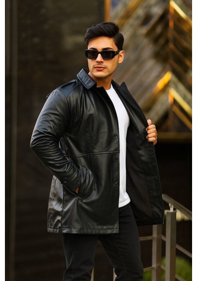Erkek Slim Fit 80 Cm Uzun Deri Ceket - Full Tay Tüyü Astarlı Siyah Deri Kürklü
