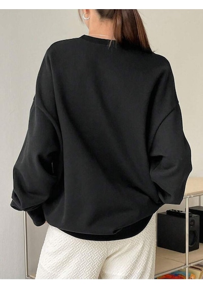 Los Angeles 90 Sweatshirt - Siyah Baskılı Oversize Bisiklet Yaka Siyah