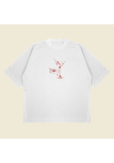 Tarzsokak Martini W Cigarette Boxy Fit Oversize Unisex Tshirt Baskılı Tişört Beyaz