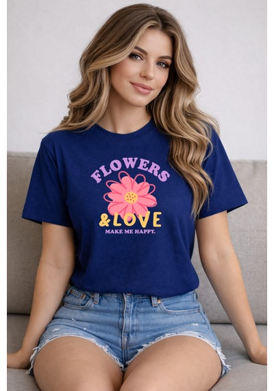 Herkesemoda Flowers Love Baskı Detaylı Basic T-shirt Lacivert