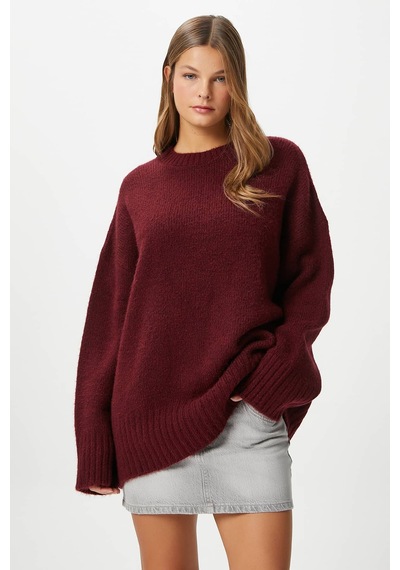 Ritnice Kadın Homy Yumuşacık Bisiklet Yaka Bordo Oversize Triko Kazak Bordo
