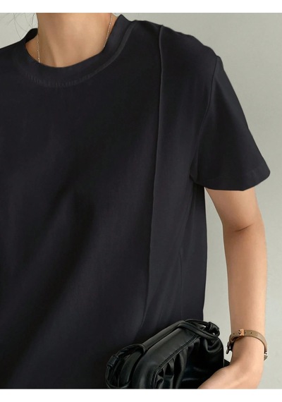 Kadın Kısa Kollu Çizgi Detaylı Basic Tişört Süprem Kumaş Yazlık Rahat T-shirt Siyah